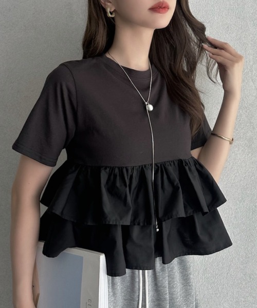 TREOVER(トレオーバー)の「1枚で華やぐ主役級フリルTシャツ(Tシャツ/カットソー・レディース・オフホワイト/ブラック/ピンク/ベージュ・FREE)」の9枚目の写真