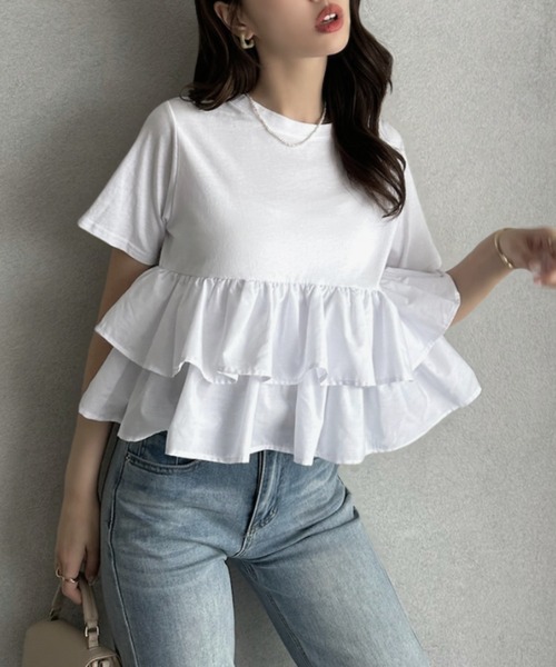 TREOVER(トレオーバー)の「1枚で華やぐ主役級フリルTシャツ(Tシャツ/カットソー・レディース・オフホワイト/ブラック/ピンク/ベージュ・FREE)」の5枚目の写真