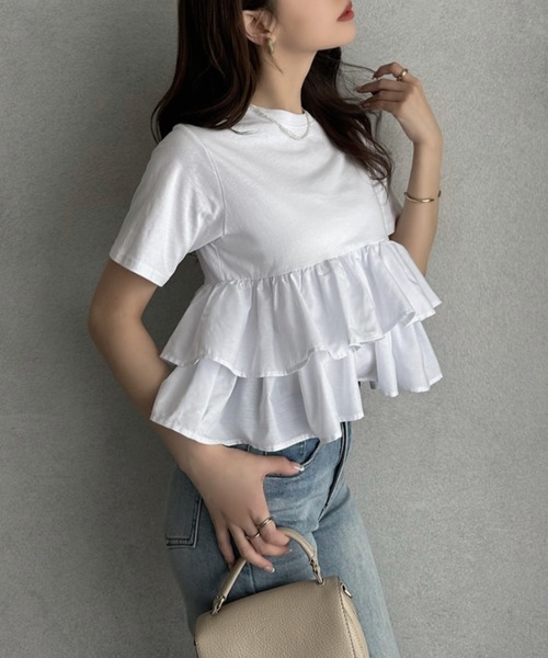 TREOVER(トレオーバー)の「1枚で華やぐ主役級フリルTシャツ(Tシャツ/カットソー・レディース・オフホワイト/ブラック/ピンク/ベージュ・FREE)」の6枚目の写真