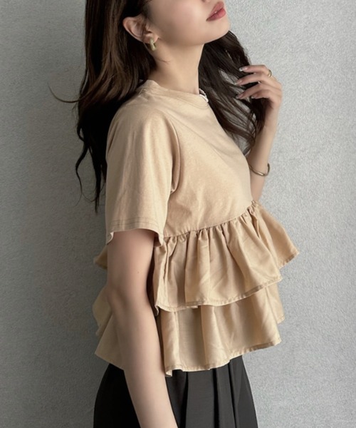 TREOVER(トレオーバー)の「1枚で華やぐ主役級フリルTシャツ(Tシャツ/カットソー・レディース・オフホワイト/ブラック/ピンク/ベージュ・FREE)」の14枚目の写真
