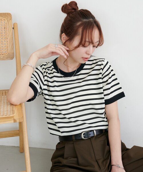 DISCOAT(ディスコート)の「【WEB限定】リンガー配色Tシャツ(Tシャツ/カットソー・レディース・ブラウン/ブラック/オフホワイト・MEDIUM)」の2枚目の写真