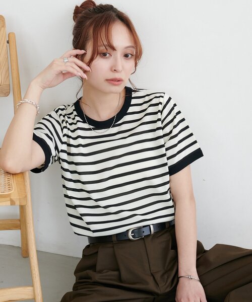 DISCOAT(ディスコート)の「【WEB限定】リンガー配色Tシャツ(Tシャツ/カットソー・レディース・ブラウン/ブラック/オフホワイト・MEDIUM)」の6枚目の写真