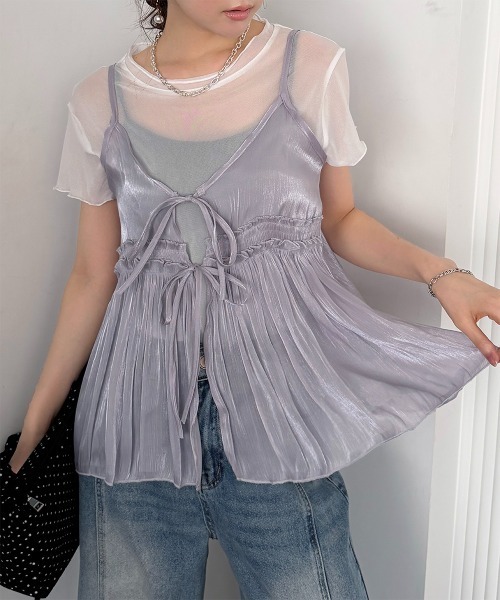 Rejoule(リジュール)の「2点セット 光沢シアーキャミビスチェ×メロウシアーTシャツセット(キャミソール・レディース・ベージュ/ラベンダー/グレー・FREE)」の2枚目の写真