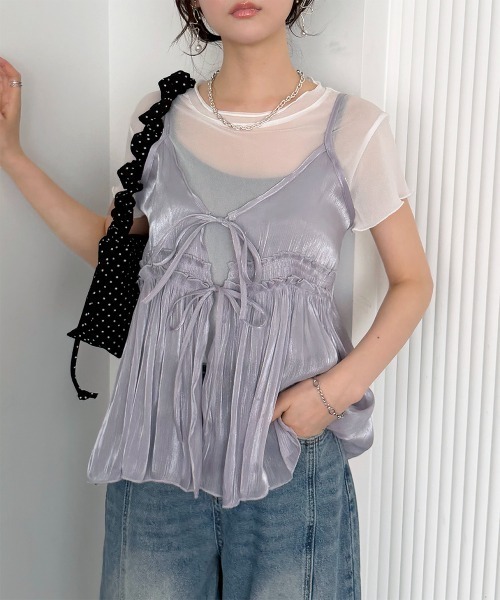 Rejoule(リジュール)の「2点セット 光沢シアーキャミビスチェ×メロウシアーTシャツセット(キャミソール・レディース・ベージュ/ラベンダー/グレー・FREE)」の12枚目の写真