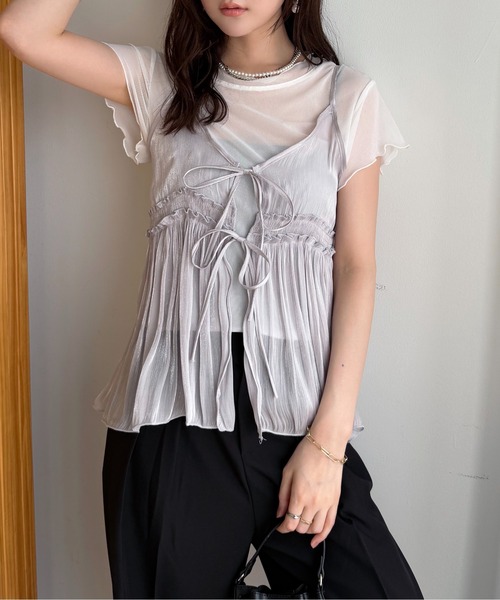 Rejoule(リジュール)の「2点セット 光沢シアーキャミビスチェ×メロウシアーTシャツセット(キャミソール・レディース・ベージュ/ラベンダー/グレー・FREE)」の7枚目の写真