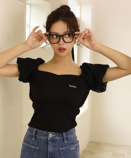 Seemi. byNICECLAUP( シーミーバイナイスクラップ)の「パフスリーブトップス(Tシャツ/カットソー・レディース・ピンク/ブラック/オフホワイト・FREE)」の2枚目の写真