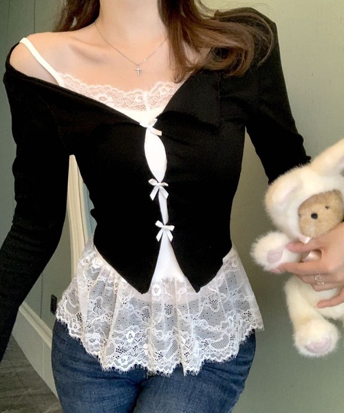 c.u.l(シーユーエル)の「カップ付き フェイクレイヤード トップス culw938(Tシャツ/カットソー・レディース・グレー/ブラック/ホワイト・FREE)」の1枚目の写真