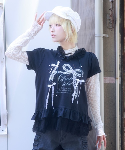 myu:loret(ミュウロレット)の「リボンプリントフードトップス(Tシャツ/カットソー・レディース・ブラック/ホワイト・FREE)」の2枚目の写真