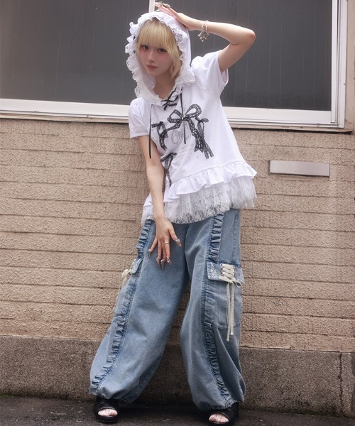myu:loret(ミュウロレット)の「リボンプリントフードトップス(Tシャツ/カットソー・レディース・ブラック/ホワイト・FREE)」の3枚目の写真