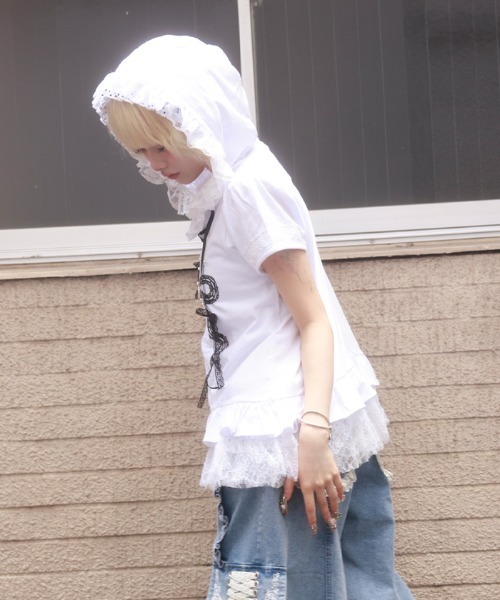 myu:loret(ミュウロレット)の「リボンプリントフードトップス(Tシャツ/カットソー・レディース・ブラック/ホワイト・FREE)」の5枚目の写真
