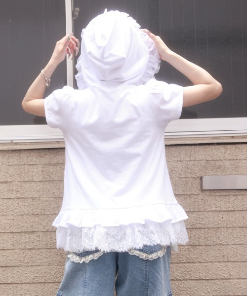 myu:loret(ミュウロレット)の「リボンプリントフードトップス(Tシャツ/カットソー・レディース・ブラック/ホワイト・FREE)」の6枚目の写真