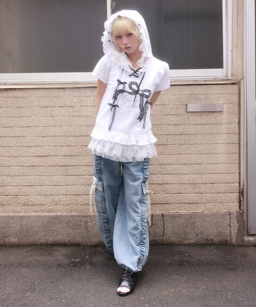 myu:loret(ミュウロレット)の「リボンプリントフードトップス(Tシャツ/カットソー・レディース・ブラック/ホワイト・FREE)」の7枚目の写真