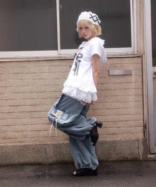 myu:loret(ミュウロレット)の「リボンプリントフードトップス(Tシャツ/カットソー・レディース・ブラック/ホワイト・FREE)」の8枚目の写真