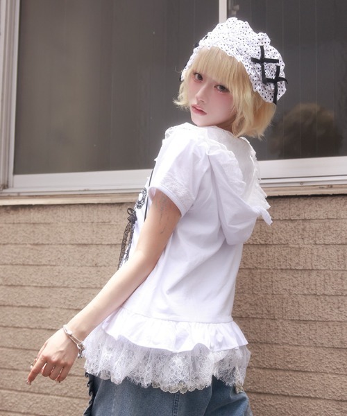 myu:loret(ミュウロレット)の「リボンプリントフードトップス(Tシャツ/カットソー・レディース・ブラック/ホワイト・FREE)」の10枚目の写真