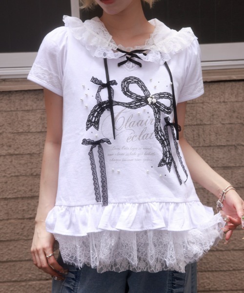 myu:loret(ミュウロレット)の「リボンプリントフードトップス(Tシャツ/カットソー・レディース・ブラック/ホワイト・FREE)」の11枚目の写真