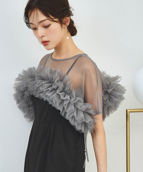 girl（ガール）の「パーティードレスに合わせる 2WAYショート丈チュールフリルトップス ボレロ 結婚式 オケージョン お呼ばれ 二次会 成人式 同窓会 謝恩会《着用動画あり》（ドレス・レディース・グレー/ブラック/アイボリー・M/L）」の8枚目の写真