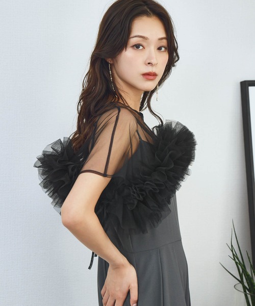 girl（ガール）の「パーティードレスに合わせる 2WAYショート丈チュールフリルトップス ボレロ 結婚式 オケージョン お呼ばれ 二次会 成人式 同窓会 謝恩会《着用動画あり》（ドレス・レディース・グレー/ブラック/アイボリー・M/L）」の20枚目の写真