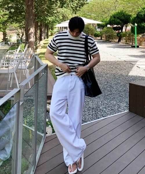 NOWLE（ノウル）の「【NOWLE】ファインボーダー クルーネック サマーニット / レトロクラシック 半袖 ニット トップス（ニット/セーター・メンズ・ホワイト・LARGE/X-LARGE/MEDIUM）」の10枚目の写真