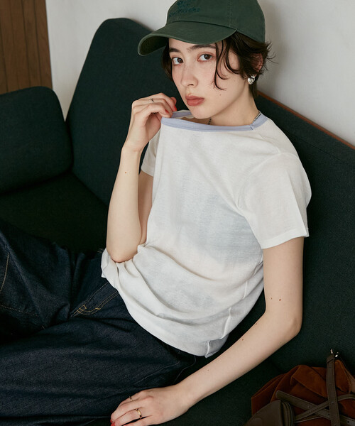 FREAK'S STORE(フリークスストア)の「MILLER × FREAK'S STORE/ミラー 別注 Light Panel Rib Crew Tee/別注 ライトパネル リブクルーネックTシャツ/シアーリンガーTシャツ(Tシャツ/カットソー・レディース・ブラック/ブルーグリーン/オフホワイト/ライトグレー/レモンイエロー・フリ-)」の6枚目の写真