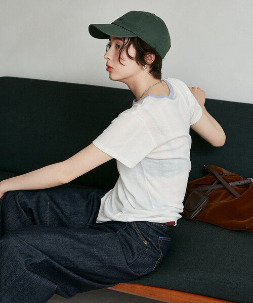 FREAK'S STORE(フリークスストア)の「MILLER × FREAK'S STORE/ミラー 別注 Light Panel Rib Crew Tee/別注 ライトパネル リブクルーネックTシャツ/シアーリンガーTシャツ(Tシャツ/カットソー・レディース・ブラック/ブルーグリーン/オフホワイト/ライトグレー/レモンイエロー・フリ-)」の7枚目の写真