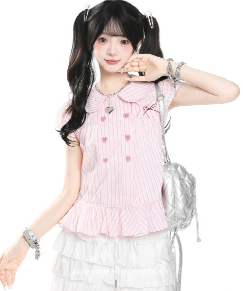 gossip!ロサンゼルス(ゴシップロサンゼルス)の「【Y2Kガーリー】レトロストライプ リボン&ハートボタンフリル切替ショートスリーブブラウス(シャツ/ブラウス・レディース・ホワイト/ピンク・M)」の19枚目の写真