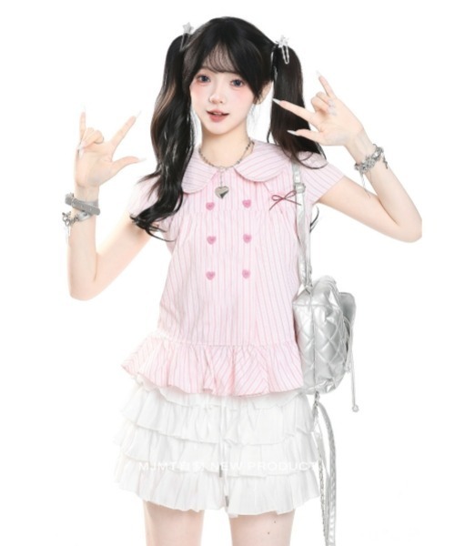 gossip!ロサンゼルス(ゴシップロサンゼルス)の「【Y2Kガーリー】レトロストライプ リボン&ハートボタンフリル切替ショートスリーブブラウス(シャツ/ブラウス・レディース・ホワイト/ピンク・M)」の20枚目の写真
