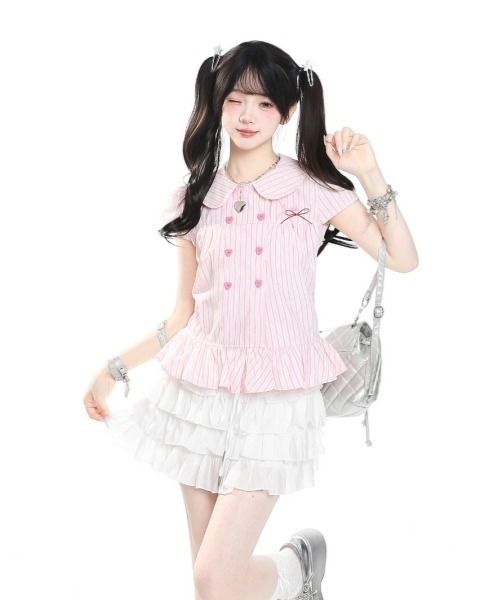 gossip!ロサンゼルス(ゴシップロサンゼルス)の「【Y2Kガーリー】レトロストライプ リボン&ハートボタンフリル切替ショートスリーブブラウス(シャツ/ブラウス・レディース・ホワイト/ピンク・M)」の5枚目の写真