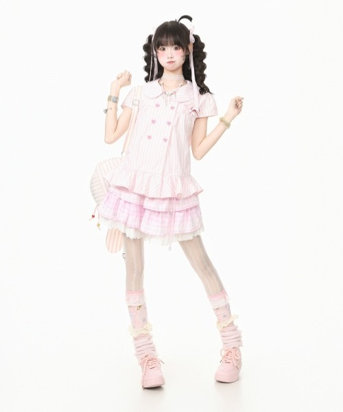 gossip!ロサンゼルス(ゴシップロサンゼルス)の「【Y2Kガーリー】レトロストライプ リボン&ハートボタンフリル切替ショートスリーブブラウス(シャツ/ブラウス・レディース・ホワイト/ピンク・M)」の8枚目の写真
