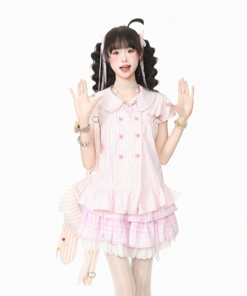 gossip!ロサンゼルス(ゴシップロサンゼルス)の「【Y2Kガーリー】レトロストライプ リボン&ハートボタンフリル切替ショートスリーブブラウス(シャツ/ブラウス・レディース・ホワイト/ピンク・M)」の6枚目の写真