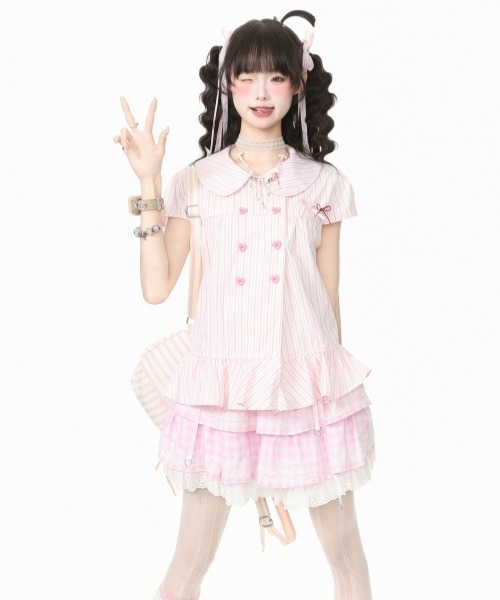 gossip!ロサンゼルス(ゴシップロサンゼルス)の「【Y2Kガーリー】レトロストライプ リボン&ハートボタンフリル切替ショートスリーブブラウス(シャツ/ブラウス・レディース・ホワイト/ピンク・M)」の7枚目の写真