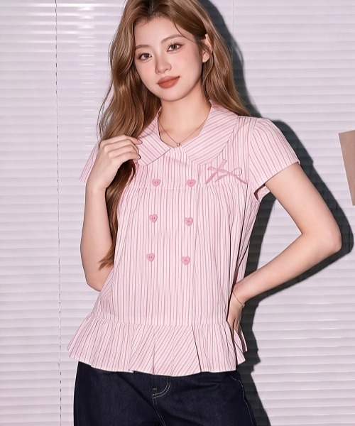 gossip!ロサンゼルス(ゴシップロサンゼルス)の「【Y2Kガーリー】レトロストライプ リボン&ハートボタンフリル切替ショートスリーブブラウス(シャツ/ブラウス・レディース・ホワイト/ピンク・M)」の18枚目の写真