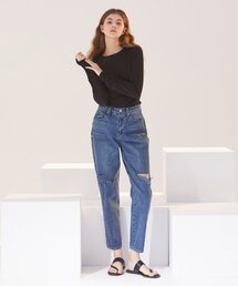テーパードデストロイドジーンズディープブルー