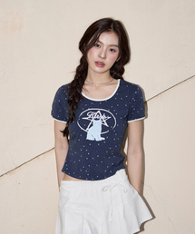 前面プリントUネックリンガーTシャツ [ダークネイビー]