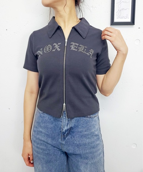 FUN(ファン)の「ストーンジップカットソー(Tシャツ/カットソー・レディース・オフホワイト/チャコールグレー/ブラック・FREE)」の3枚目の写真
