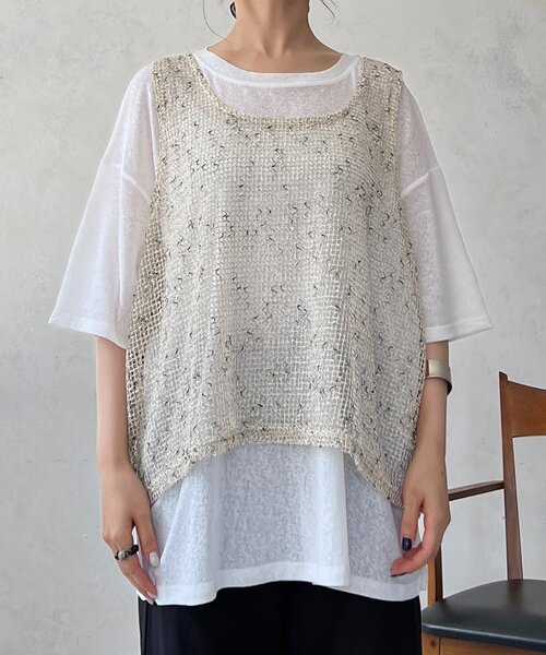 un dix cors(アンディコール)の「メッシュ×シアーTEEセット(Tシャツ/カットソー・レディース・ベージュ/ブラック/オフホワイト・FREE)」の5枚目の写真