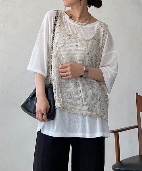 un dix cors(アンディコール)の「メッシュ×シアーTEEセット(Tシャツ/カットソー・レディース・ベージュ/ブラック/オフホワイト・FREE)」の14枚目の写真