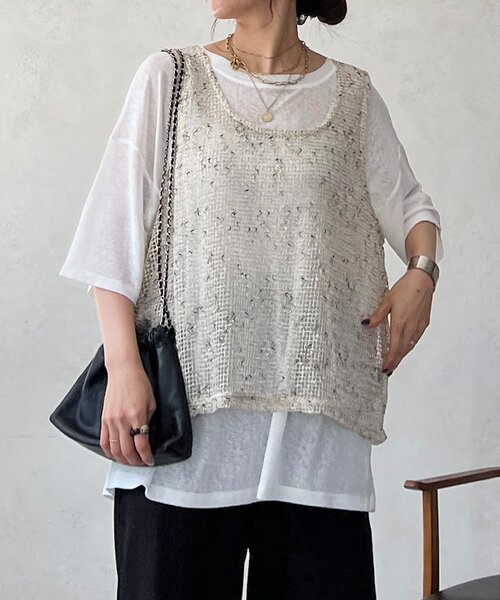 un dix cors(アンディコール)の「メッシュ×シアーTEEセット(Tシャツ/カットソー・レディース・ベージュ/ブラック/オフホワイト・FREE)」の16枚目の写真