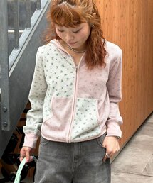 パッチワークフラワーワッフルジップパーカー
