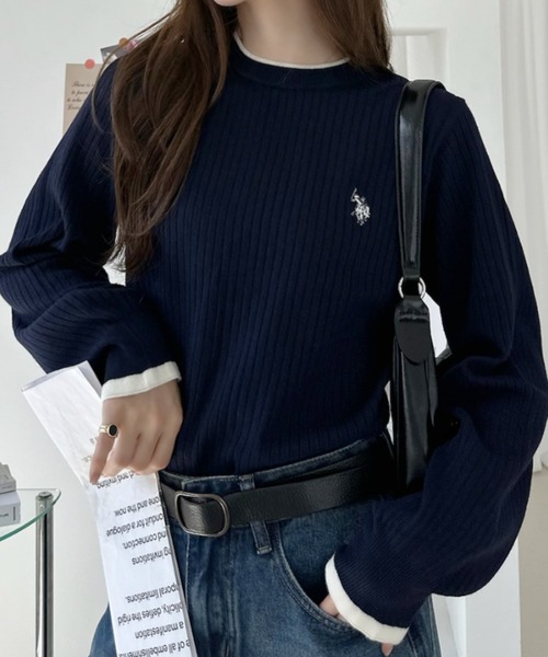 U.S. POLO ASSN.(ユーエスポロアッスン)の「【Ada.別注 U.S. POLO ASSN.】 袖口フリル バイカラー ぽわん スリーブ リブニット(ニット/セーター・レディース・アイボリー/ネイビー/グリーン・L/M)」の1枚目の写真
