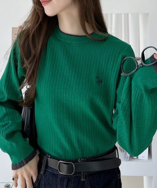 U.S. POLO ASSN.(ユーエスポロアッスン)の「【Ada.別注 U.S. POLO ASSN.】 袖口フリル バイカラー ぽわん スリーブ リブニット(ニット/セーター・レディース・アイボリー/ネイビー/グリーン・L/M)」の3枚目の写真