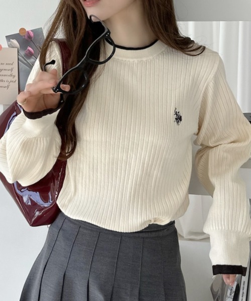 U.S. POLO ASSN.(ユーエスポロアッスン)の「【Ada.別注 U.S. POLO ASSN.】 袖口フリル バイカラー ぽわん スリーブ リブニット(ニット/セーター・レディース・アイボリー/ネイビー/グリーン・L/M)」の5枚目の写真