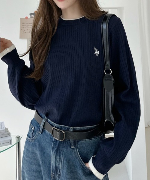 U.S. POLO ASSN.(ユーエスポロアッスン)の「【Ada.別注 U.S. POLO ASSN.】 袖口フリル バイカラー ぽわん スリーブ リブニット(ニット/セーター・レディース・アイボリー/ネイビー/グリーン・L/M)」の11枚目の写真