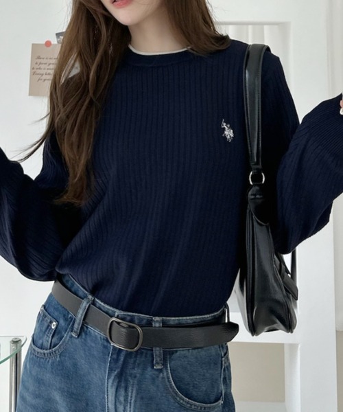 U.S. POLO ASSN.(ユーエスポロアッスン)の「【Ada.別注 U.S. POLO ASSN.】 袖口フリル バイカラー ぽわん スリーブ リブニット(ニット/セーター・レディース・アイボリー/ネイビー/グリーン・L/M)」の12枚目の写真