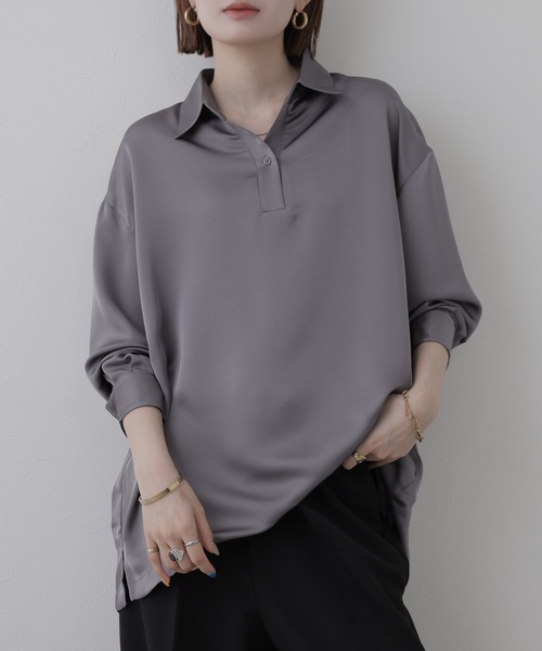 OMNES(オムネス)の「BEAUTIFUL FRIDAY スキッパーシャツ 長袖(シャツ/ブラウス・レディース・グレー/ネイビー・L/M)」の3枚目の写真