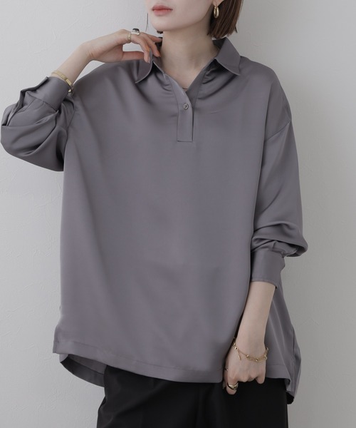 OMNES(オムネス)の「BEAUTIFUL FRIDAY スキッパーシャツ 長袖(シャツ/ブラウス・レディース・グレー/ネイビー・L/M)」の4枚目の写真