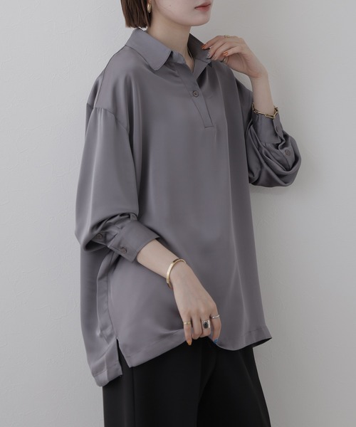 OMNES(オムネス)の「BEAUTIFUL FRIDAY スキッパーシャツ 長袖(シャツ/ブラウス・レディース・グレー/ネイビー・L/M)」の5枚目の写真
