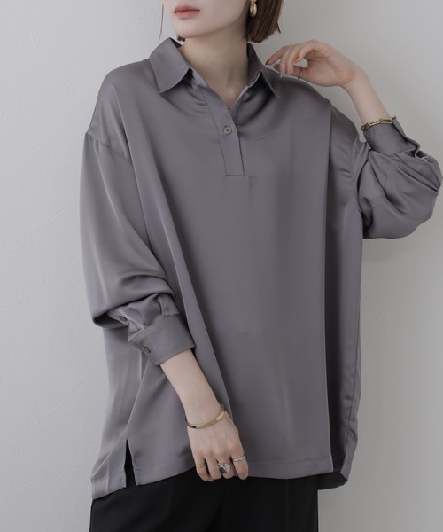 OMNES(オムネス)の「BEAUTIFUL FRIDAY スキッパーシャツ 長袖(シャツ/ブラウス・レディース・グレー/ネイビー・L/M)」の6枚目の写真