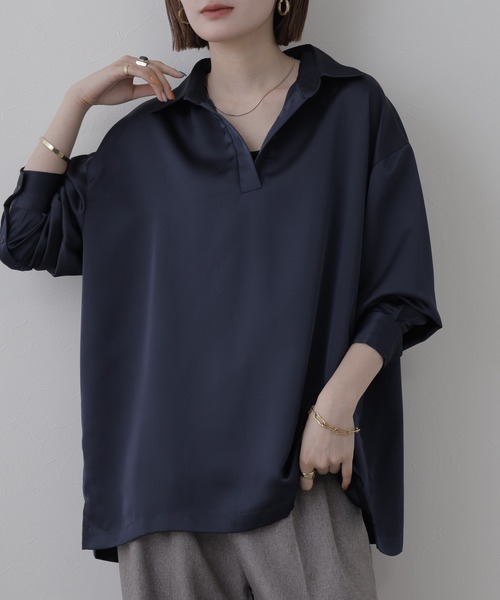OMNES(オムネス)の「BEAUTIFUL FRIDAY スキッパーシャツ 長袖(シャツ/ブラウス・レディース・グレー/ネイビー・L/M)」の9枚目の写真