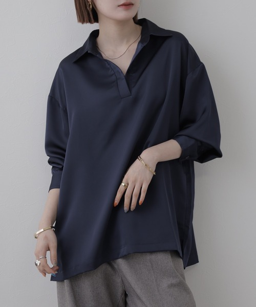 OMNES(オムネス)の「BEAUTIFUL FRIDAY スキッパーシャツ 長袖(シャツ/ブラウス・レディース・グレー/ネイビー・L/M)」の10枚目の写真