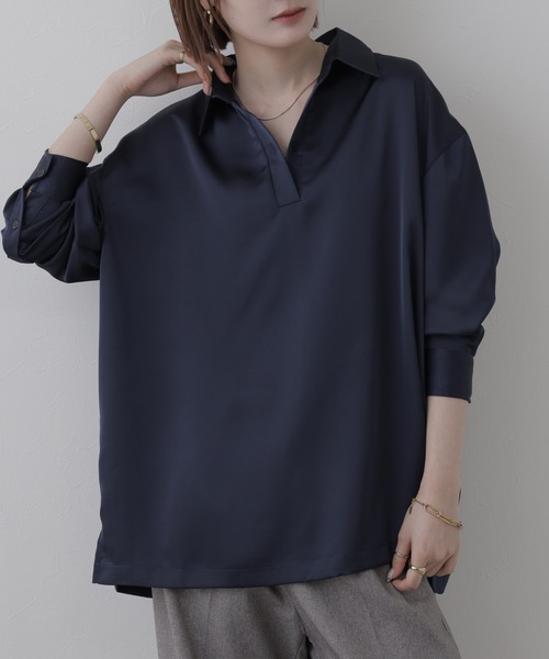 OMNES(オムネス)の「BEAUTIFUL FRIDAY スキッパーシャツ 長袖(シャツ/ブラウス・レディース・グレー/ネイビー・L/M)」の11枚目の写真